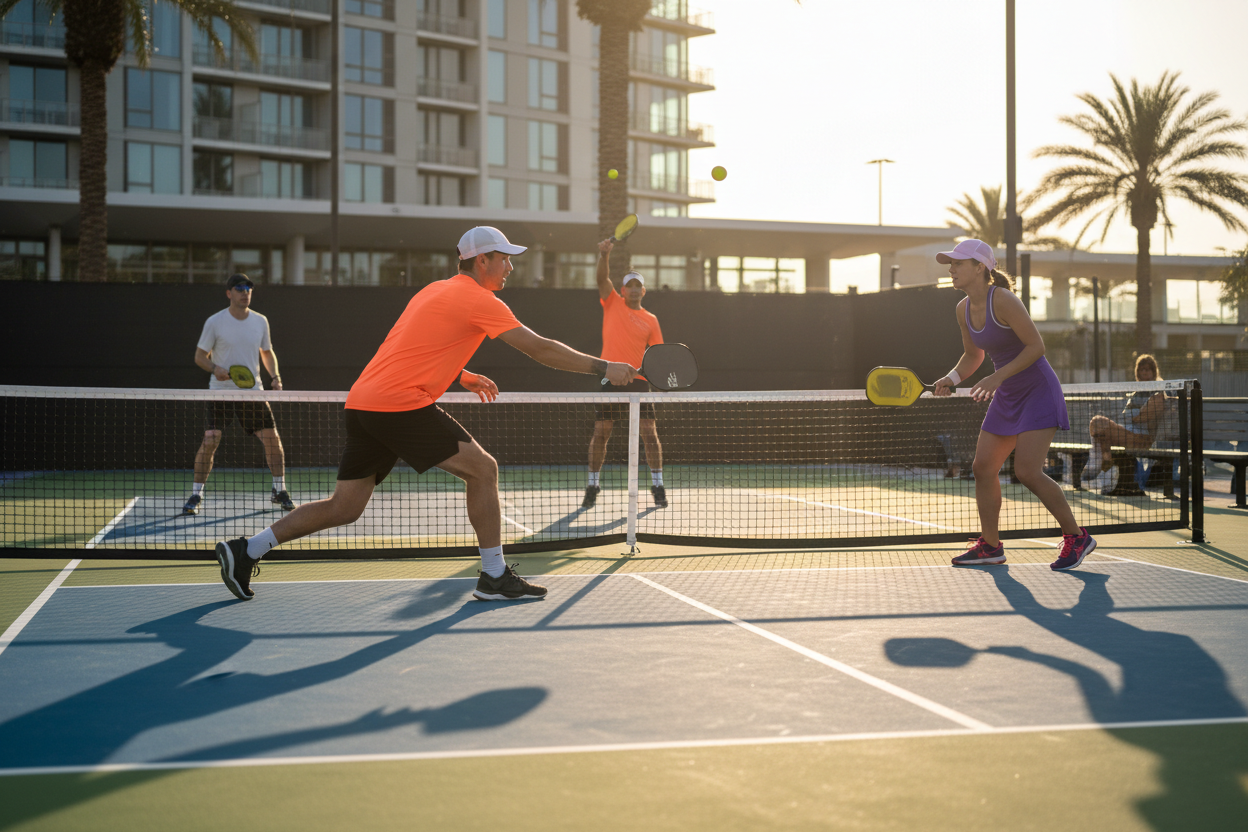 of a pickleball court and players